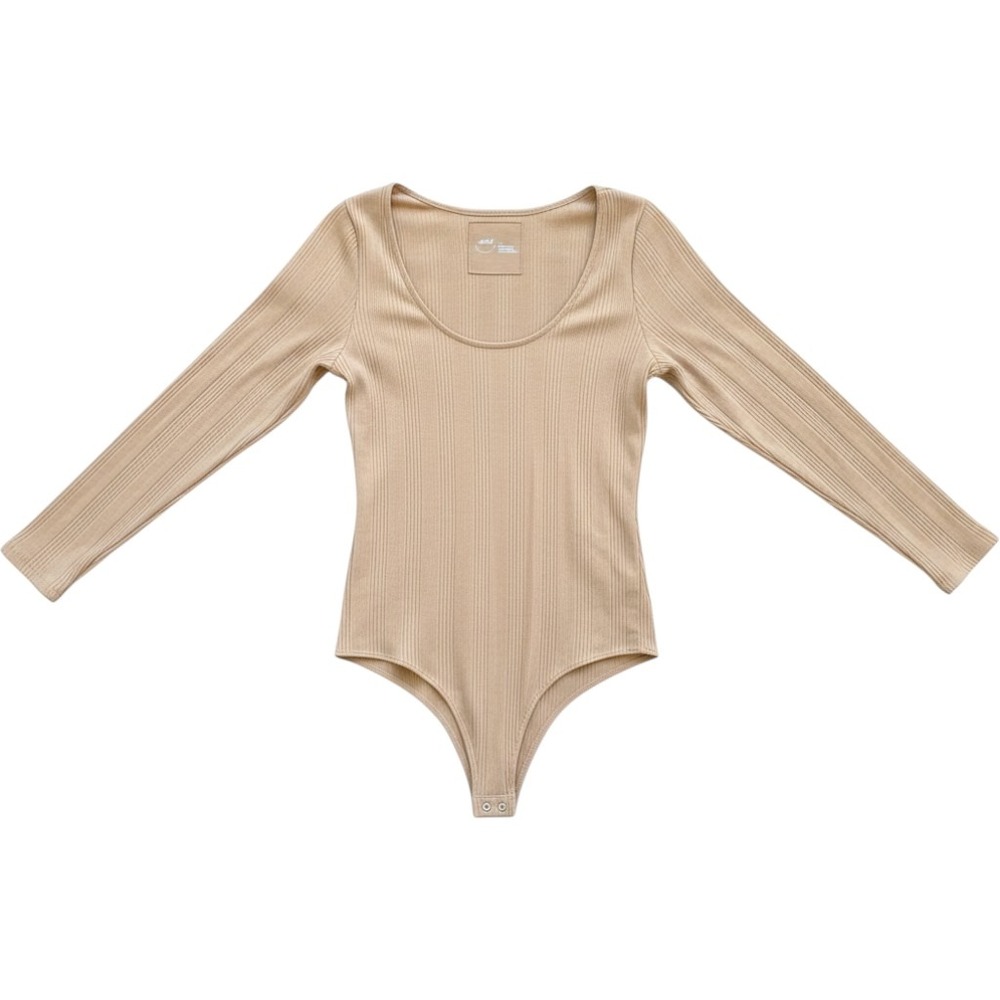 Aerie Ribbed Long Sleeve Scoop Neck Bodysuit Tan Women's Large Stretch
